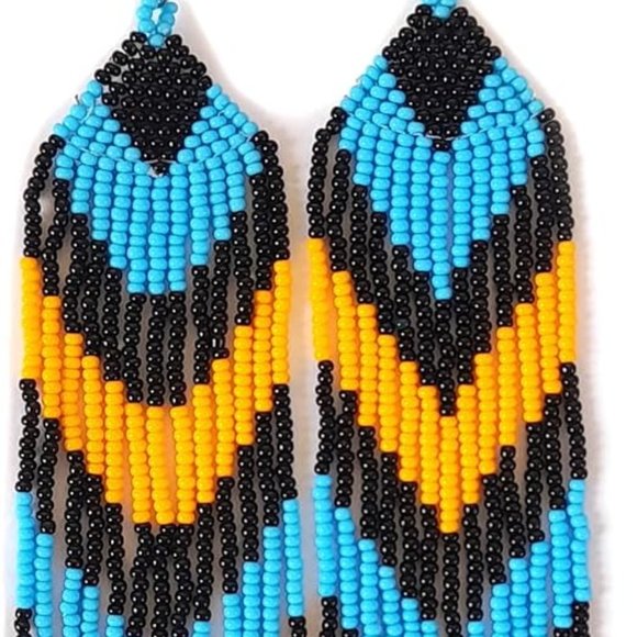 Long 6" Turquoise Blue Black Beaded Fringe Dangle Earrings Bohemian Style New - Picture 2 of 4